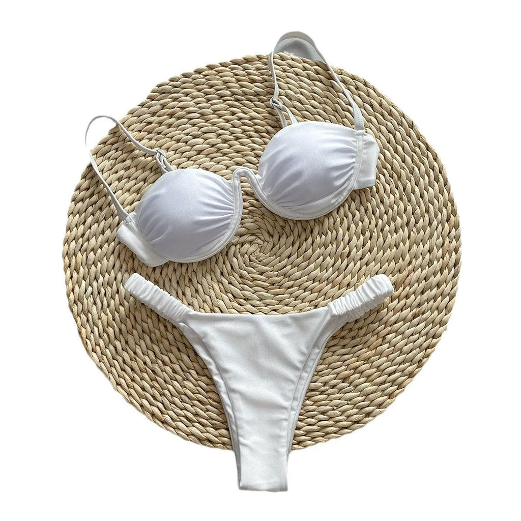 Women's underwire bikini swimsuit in black, khaki or white with briefs style and split design