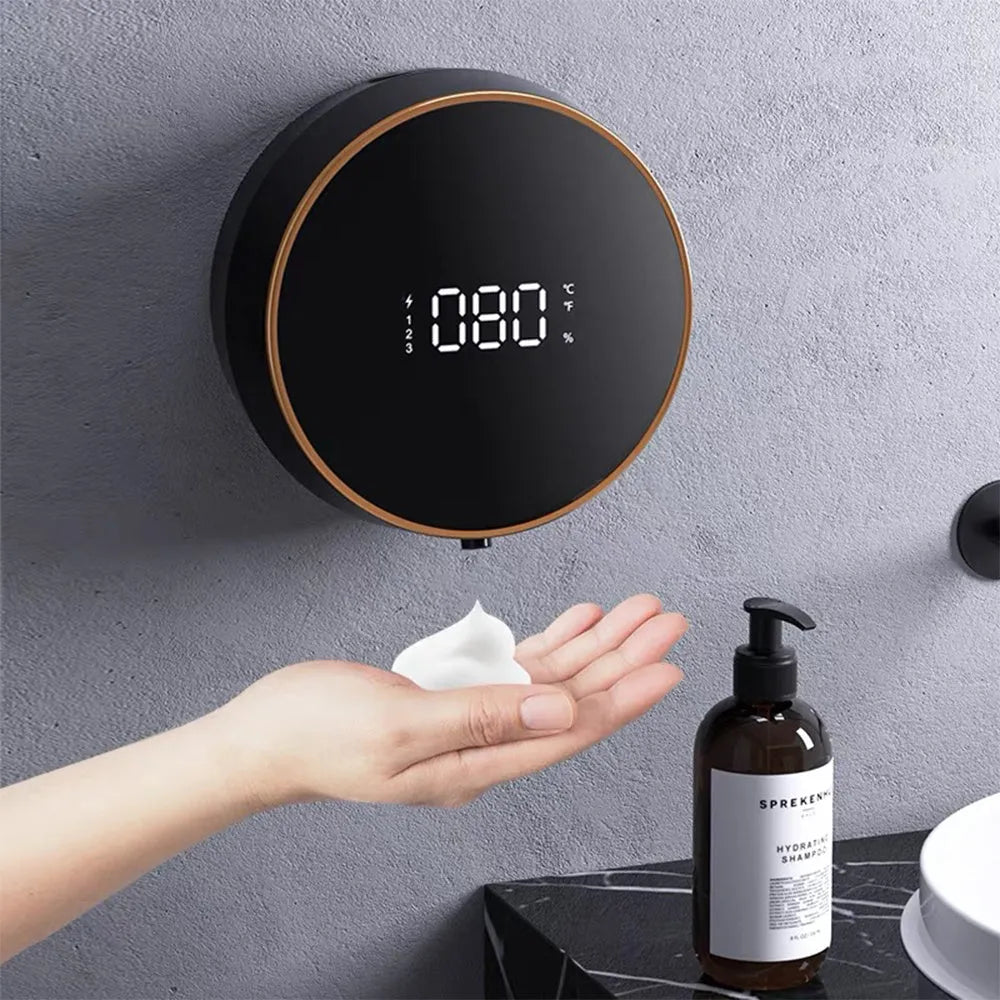 Black automatic wall-mounted foam soap dispenser with USB charging port.