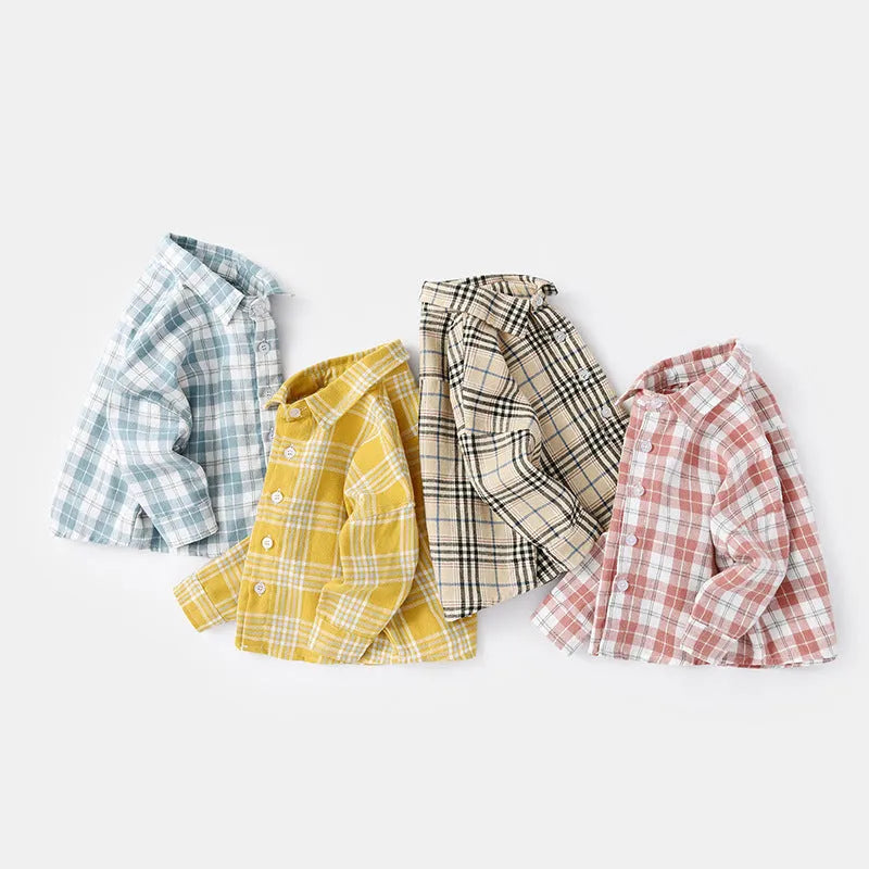 Boys' cotton lattice shirt with animal patterns in khaki, available in Asian sizing for heights 73cm to 110cm