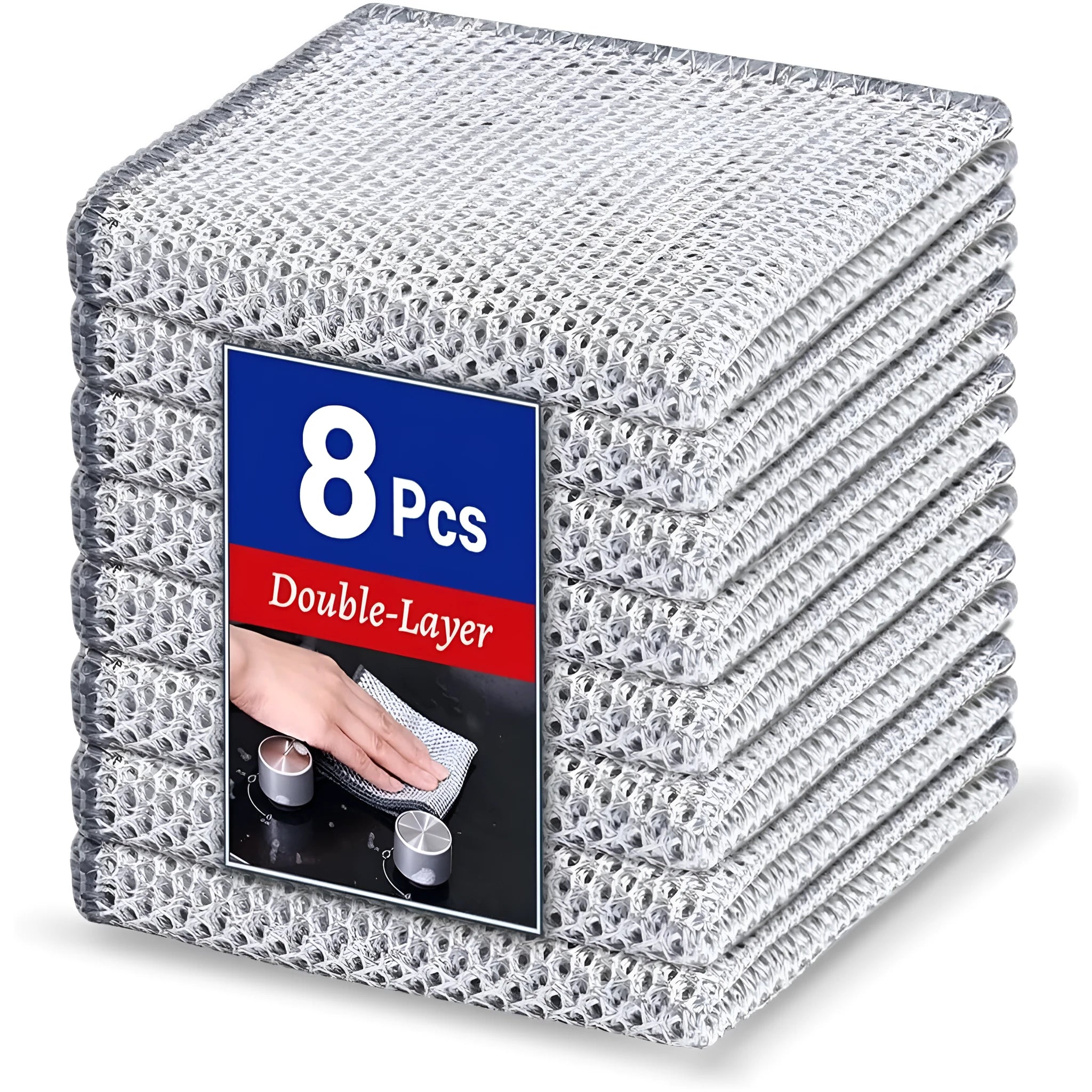Silver microfiber cleaning rag with a built-in steel wire scrubber ball on a kitchen counter.