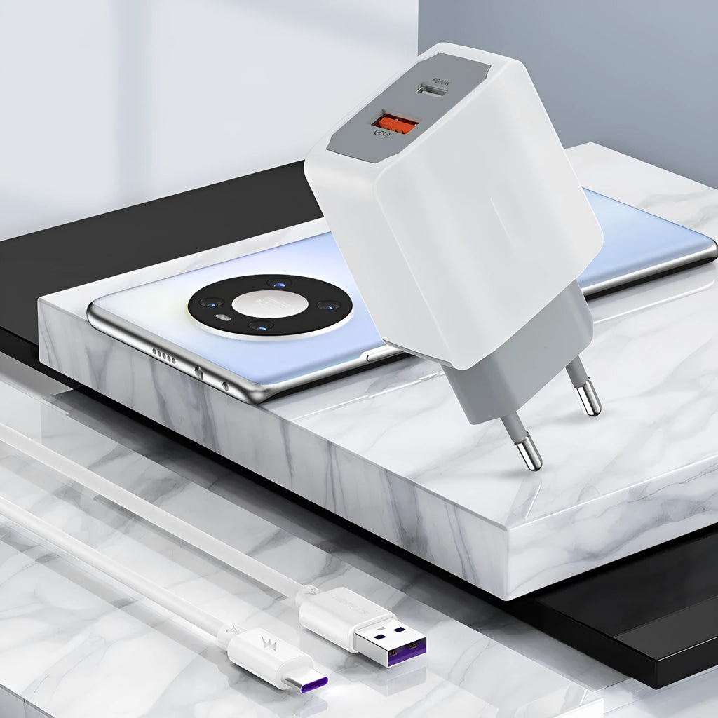 White USB phone fast charger set with European standard cable and compact dimensions