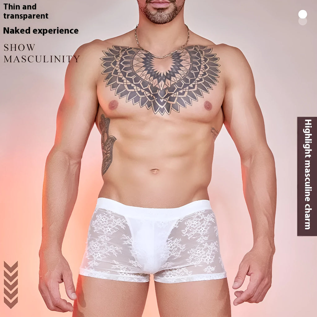 Men's lace boxers in nylon fabric showing black, white, and red colour options