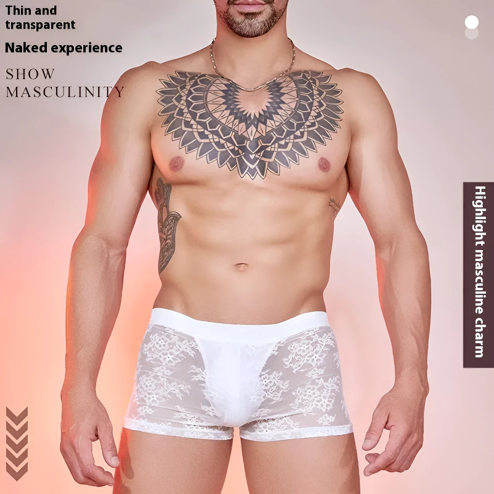 Men's lace boxers in nylon fabric showing black, white, and red colour options