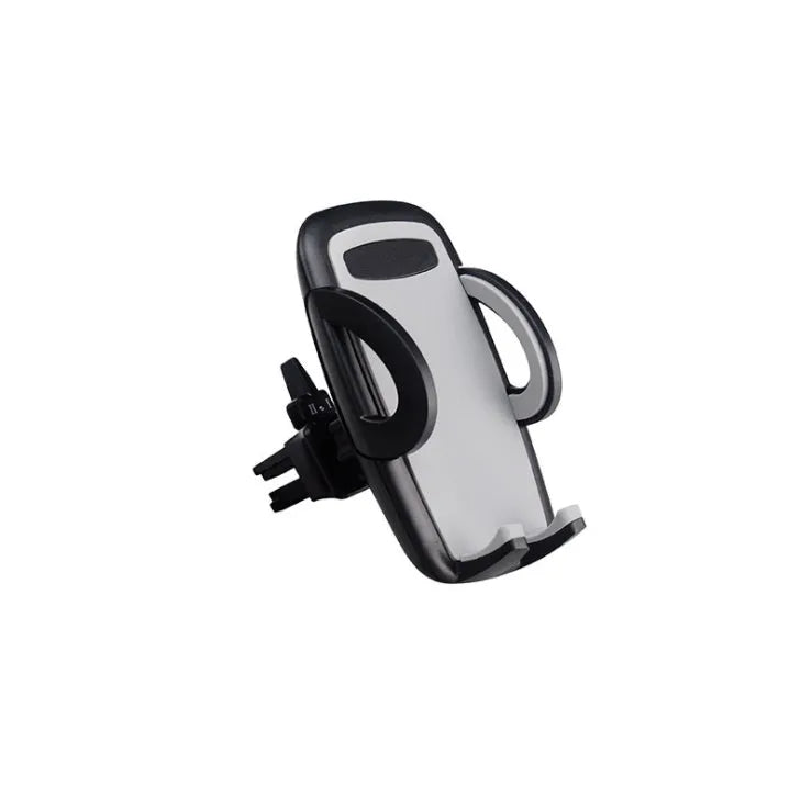 Black plastic mobile phone holder mounted on a car air conditioning vent