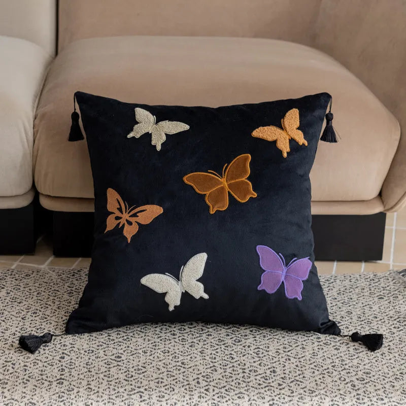Square butterfly embroidery couch pillow with Chinese pattern in beige, black, or purple