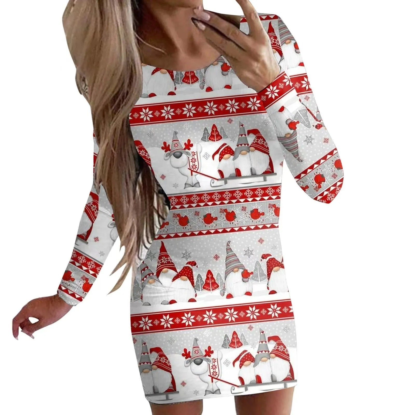 Women's Christmas printed polyester dress with animal pattern in floral colours, featuring round neck and long sleeves