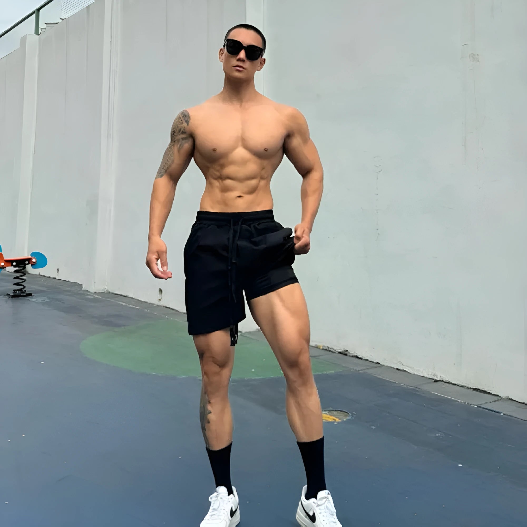 Men's ice silk quick-drying double-layer shorts in six colours with quarter-length design