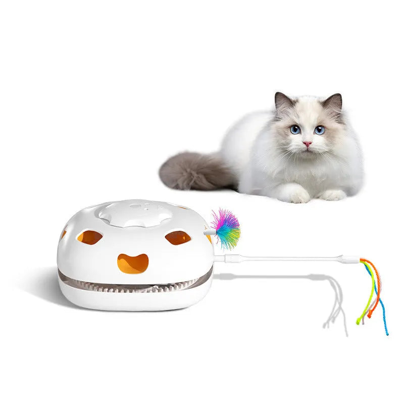Colourful plastic cat toy with ball tower design measuring 19.8 x 11.5 x 19.5cm