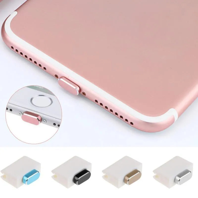 Aluminium alloy iPhone charging port dust plug in multiple colours including gold, silver, blue, red, grey, black, and rose gold.
