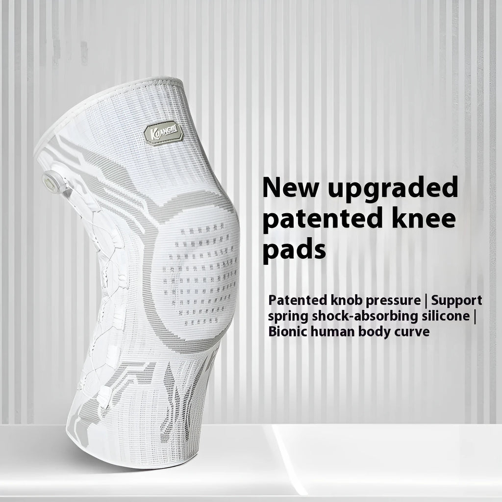 Grey and white sports knee pads for basketball, running, football, and badminton