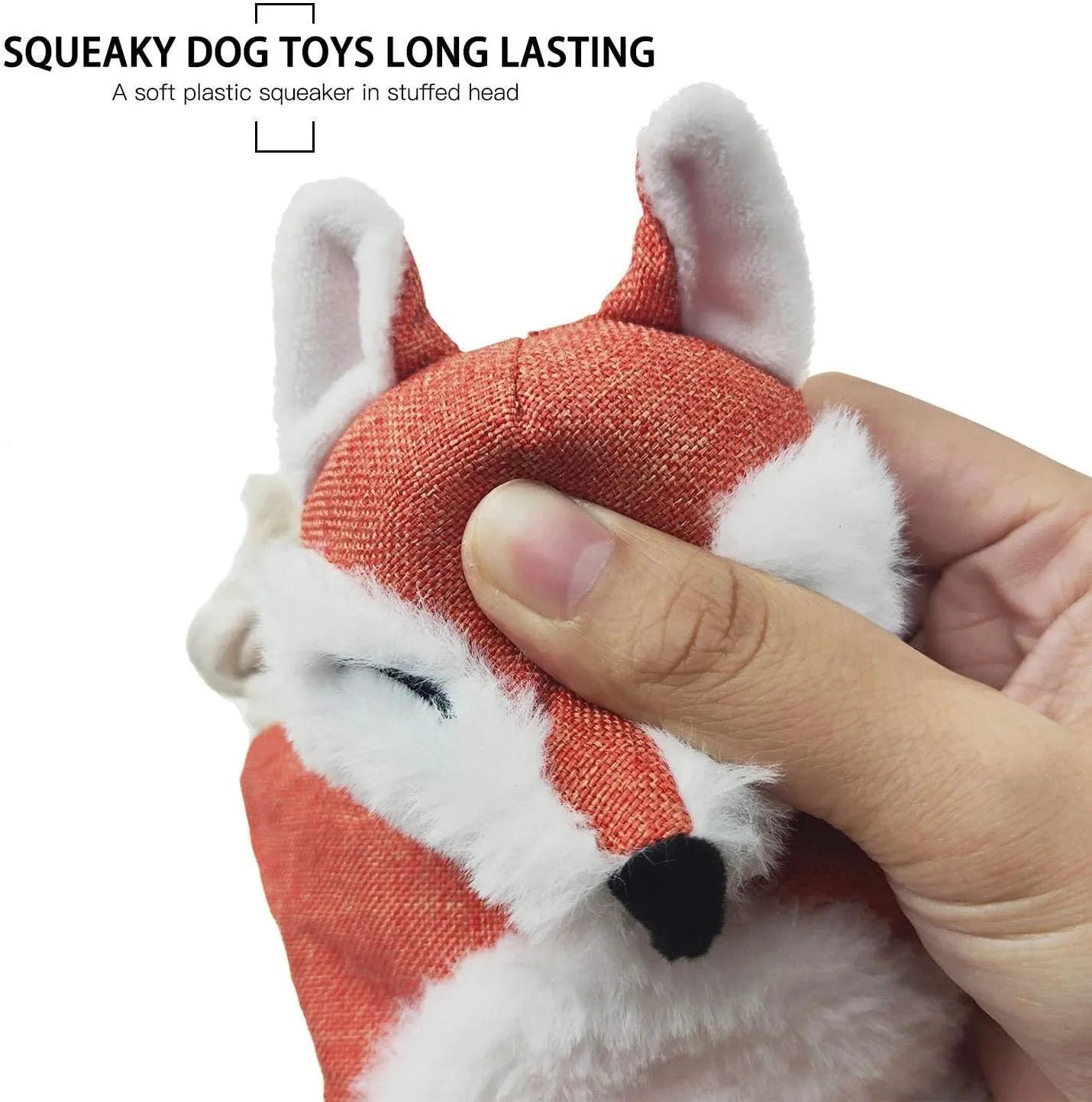 Brown plush fox dog toy with embroidered eyes, cotton rope limbs, and a squeaker.