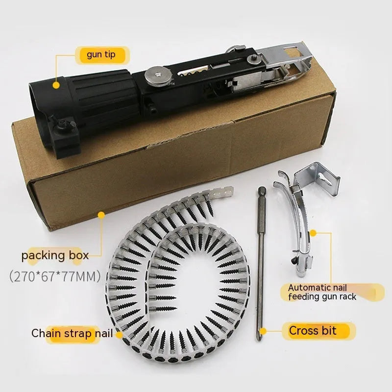Chain screw gun head automatic nail gun electric screwdriver set with metal head, cross head bit, and gun rack.
