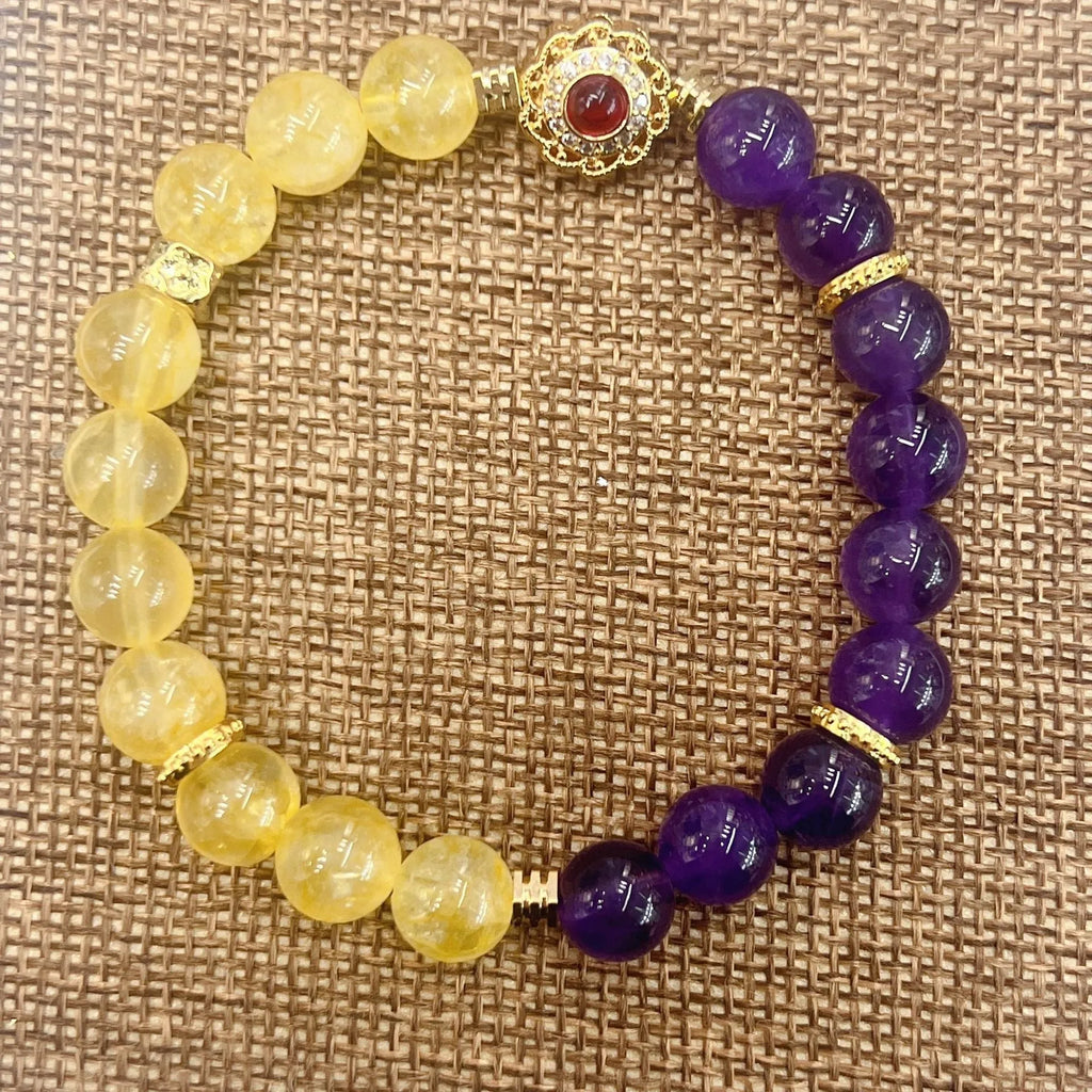 Handmade yellow and purple crystal women's bracelet with amethyst stones