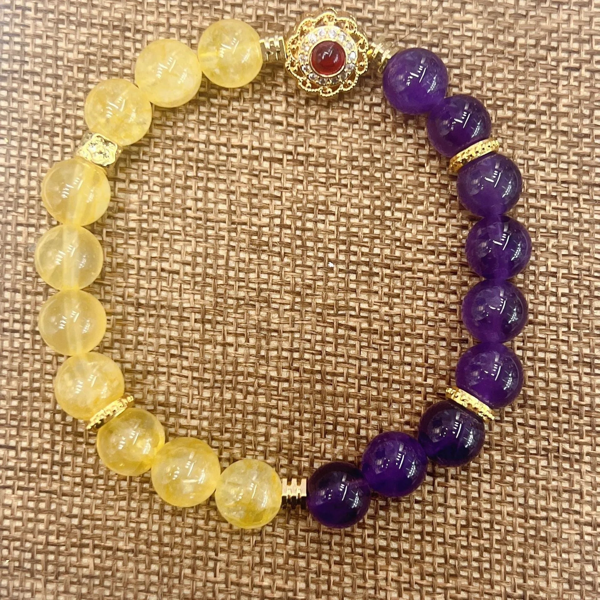Handmade yellow and purple crystal women's bracelet with amethyst stones