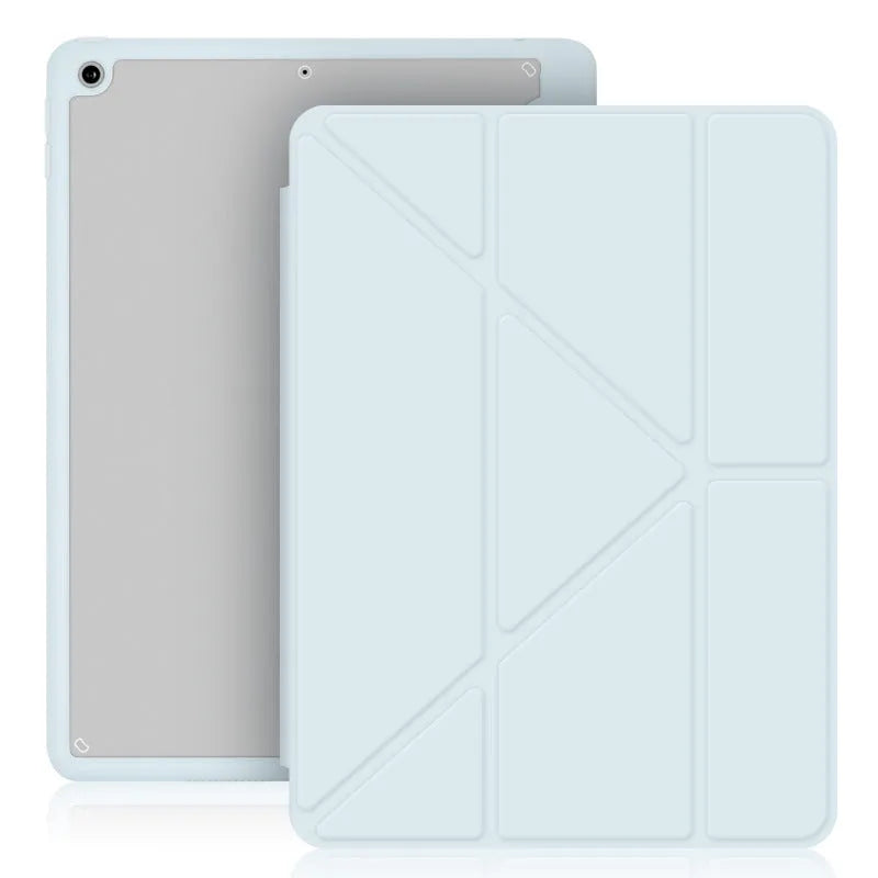 iPad foldable stand case in imitation leather with Y-fold design and Apple Pencil slot.