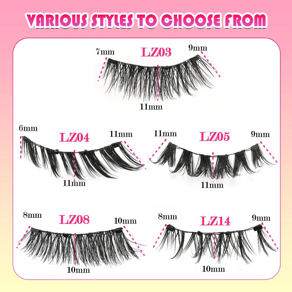 Set of reusable waterproof false eyelashes in natural styles, thickness 0.6mm to 1.1mm.