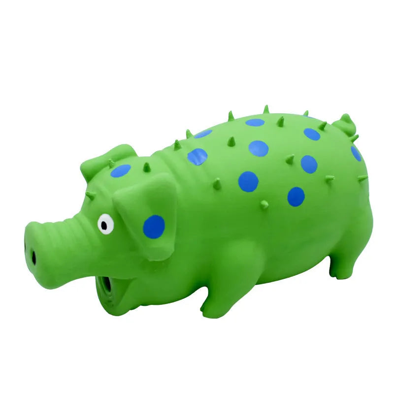 Pig-shaped blue latex dog chew toy with textured surface and squeaker for teeth cleaning