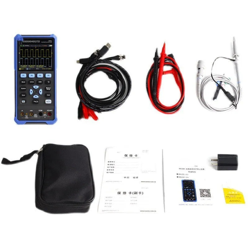 Handheld digital oscilloscope with probe on workbench for automotive electrical testing.