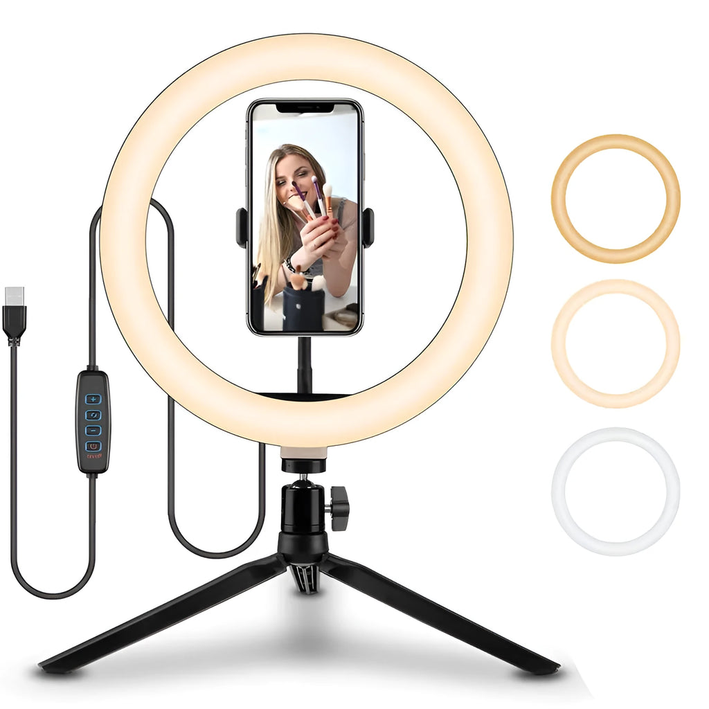10-inch rotating ring light on a 19 cm metal stand for mobile phone selfies and live streaming.
