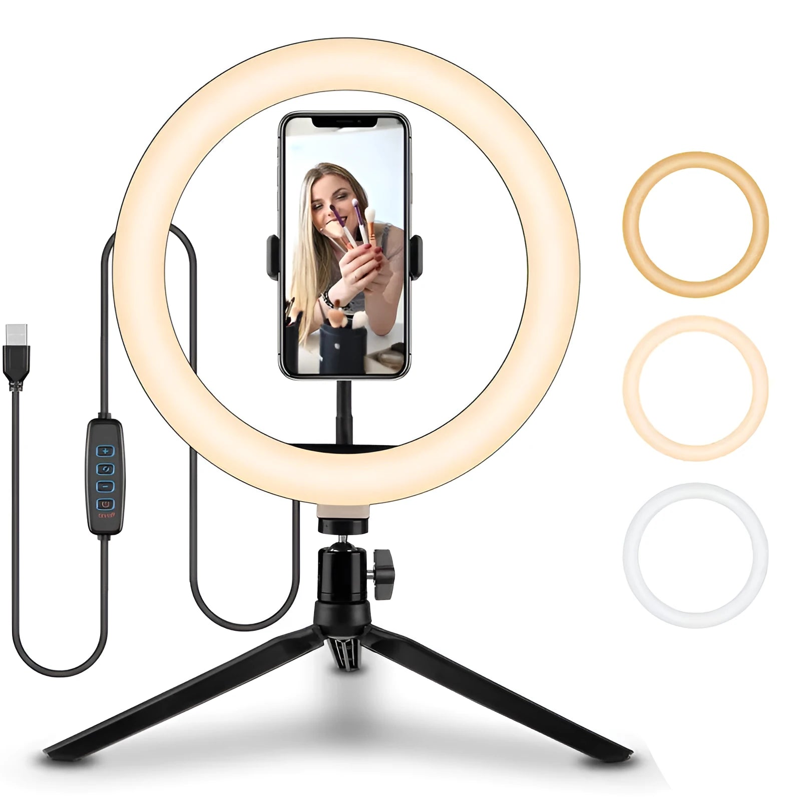 10-inch rotating ring light on a 19 cm metal stand for mobile phone selfies and live streaming.