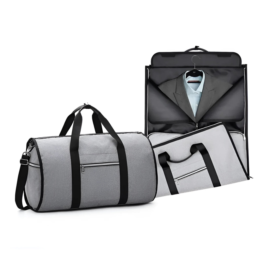 Medium sized cylindrical travel bag in black, made from oxford cloth with a top zipper.