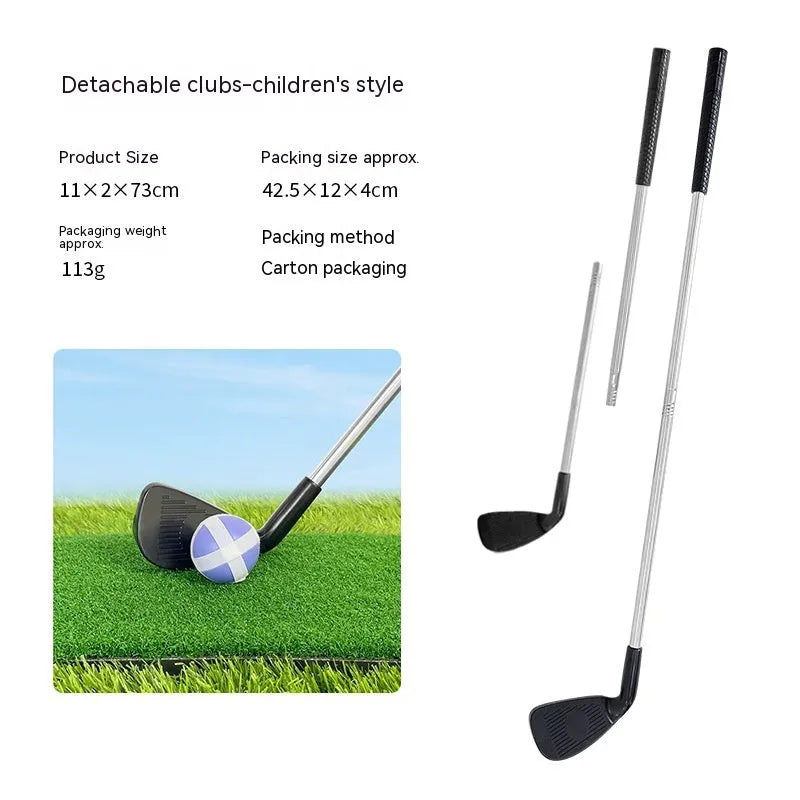 Metal golf club set showing adult and children's sizes for outdoor sports