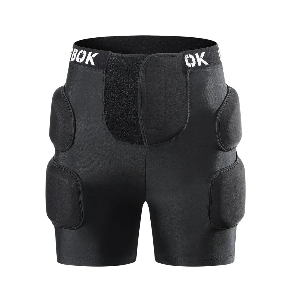 Black adult hip protection shorts with removable padding for skating and skiing safety.