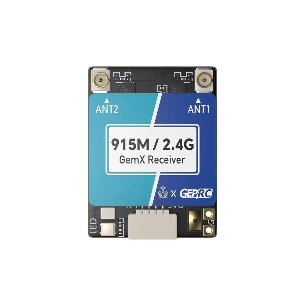ELRS915M/2.4G dual-frequency FPV receiver with two T-shaped antennas, heat shrink tubing, and connecting cable