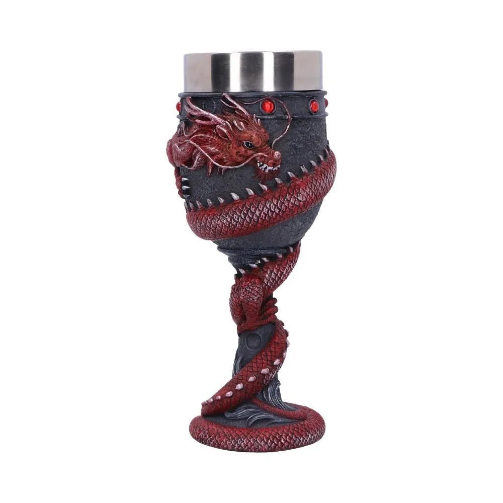 Red wine glass with 3D dragon design in gold colour, stainless steel and resin construction