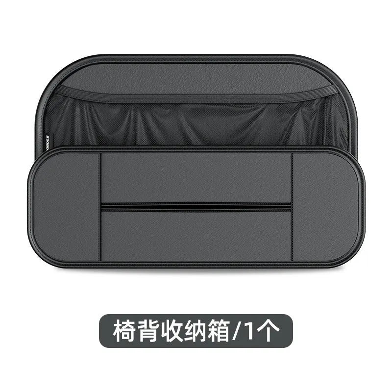 Black leather car seat back storage bag showing dimensions and customisable compartments