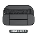 Black leather car seat back storage bag showing dimensions and customisable compartments