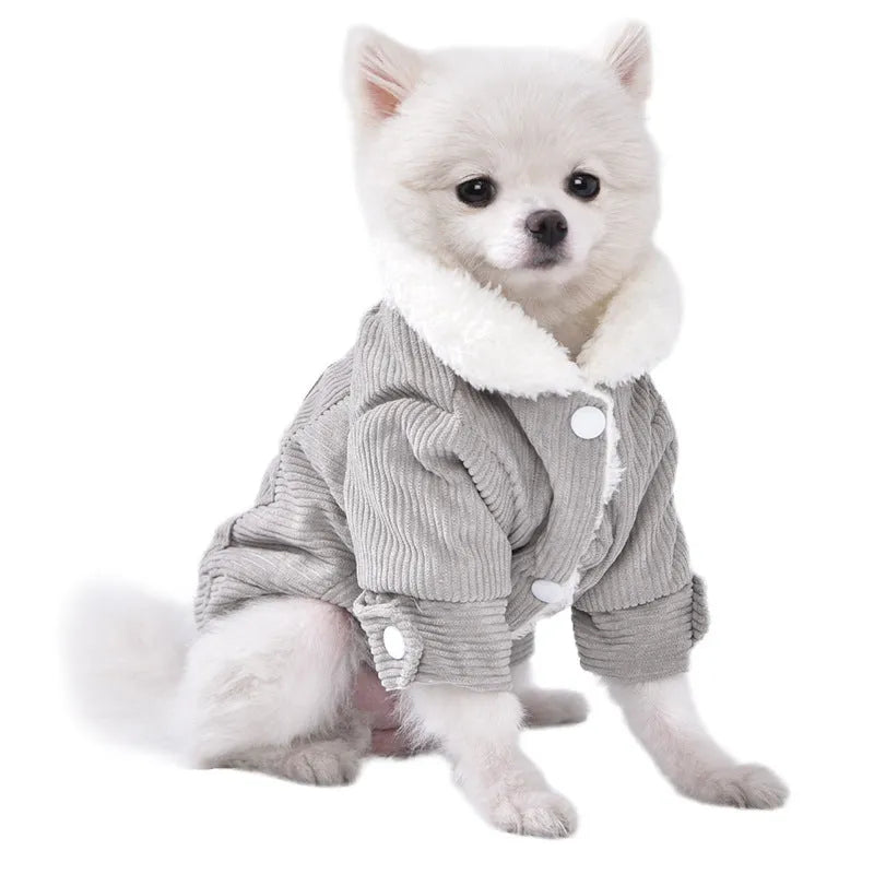 Grey lambswool dog vest with fleece lining shown on a dog model