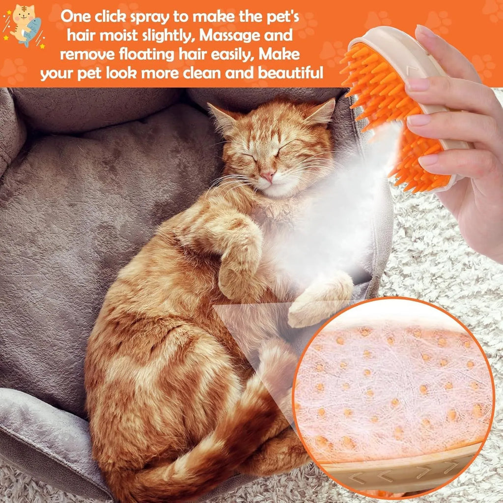 Yellow USB rechargeable 4-in-1 cat steam brush with soft silicone teeth, water tank, and ringworm detector lamp.