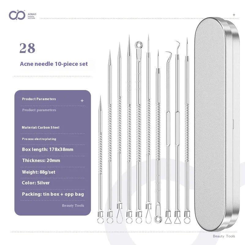 Four metal acne needles with ultra fine pointed tips for blackhead removal and skincare treatment