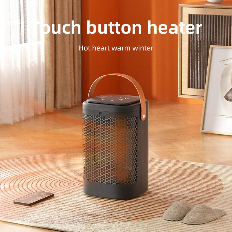 White portable fan heater with digital touch screen display and remote control.