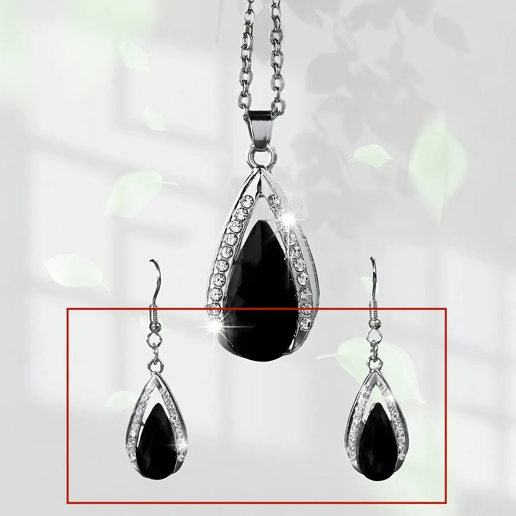 Black and red teardrop glass pendant necklace with matching earrings jewellery set