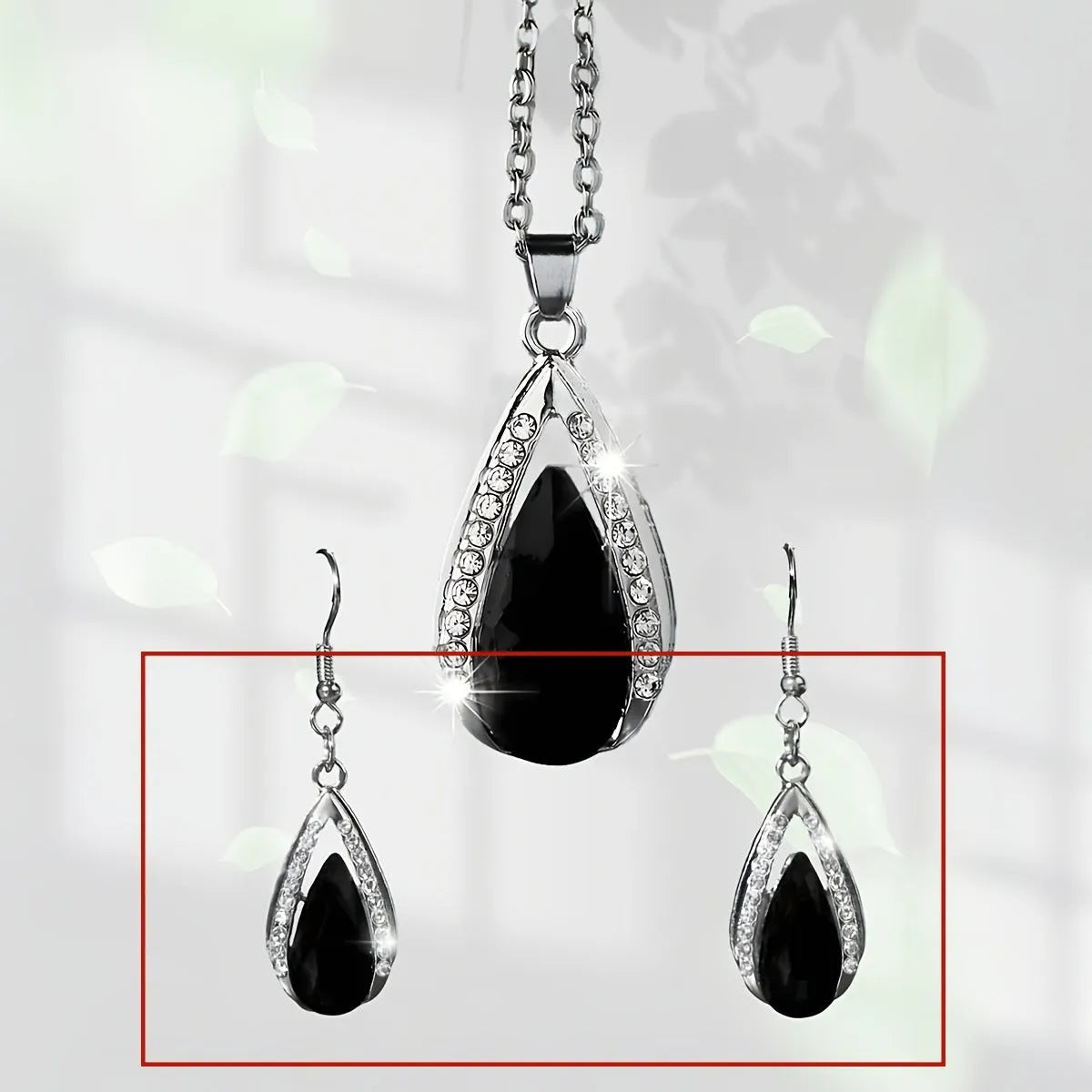 Black and red teardrop glass pendant necklace with matching earrings jewellery set