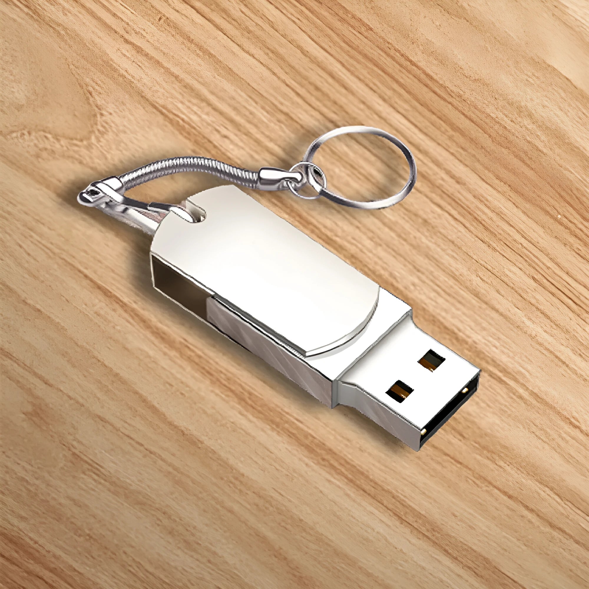 White metal rotary USB flash drive showing compact 34mm design with USB connector extended