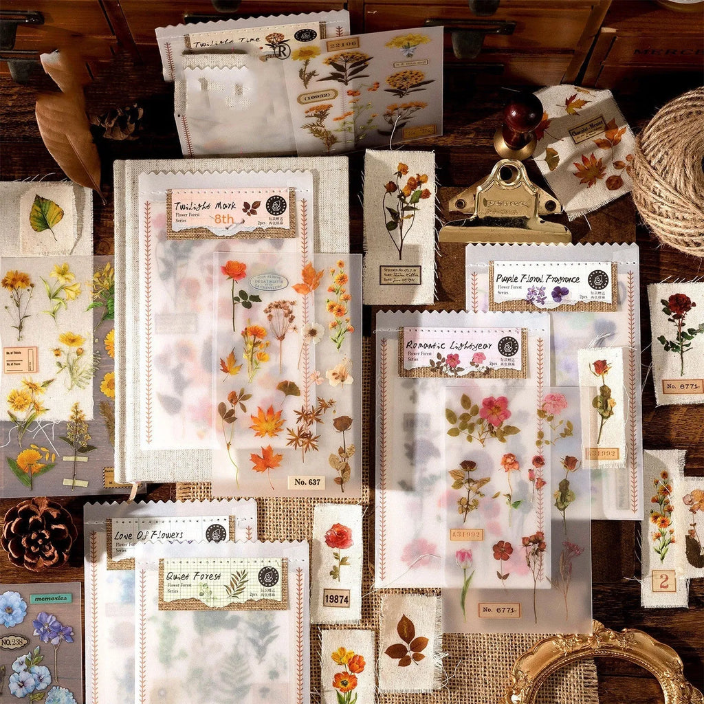 Huazhisen Series sticker pack showing forest label designs on transfer paper and cotton linen sheets