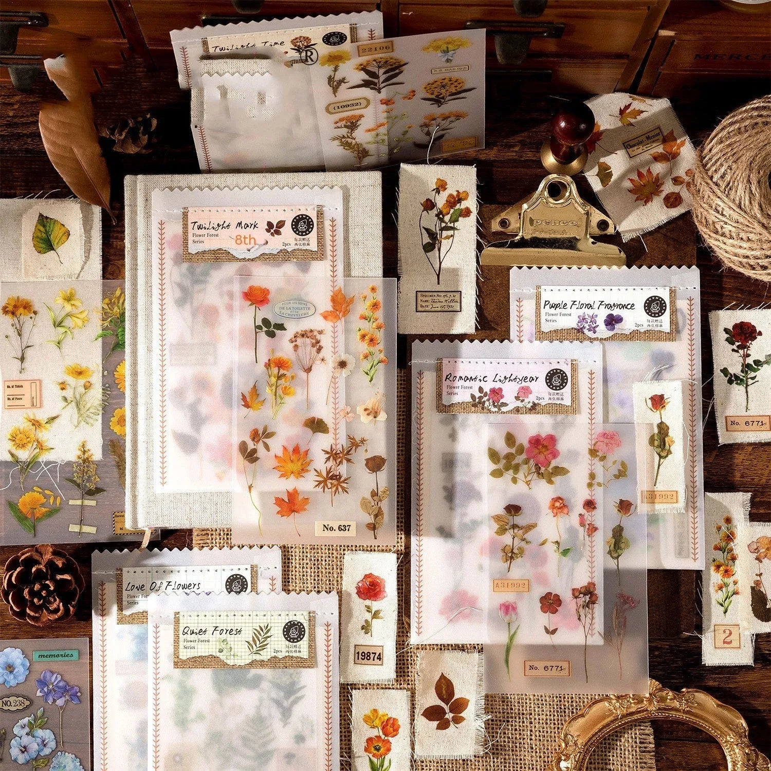 Huazhisen Series sticker pack showing forest label designs on transfer paper and cotton linen sheets