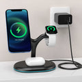 Black three-in-one magnetic wireless charger with ABS plastic construction on desk