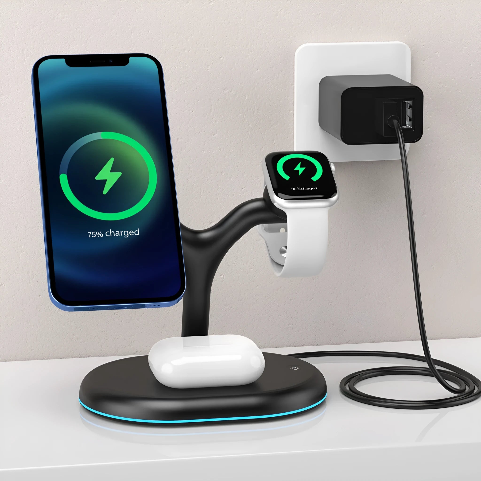 Black three-in-one magnetic wireless charger with ABS plastic construction on desk