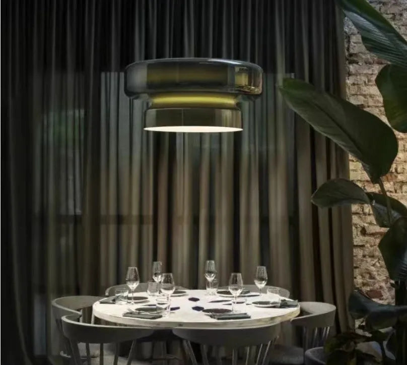Modern square glass chandelier with warm light in milky white, brown, green, or purple options for bedroom or bar ceiling installation.
