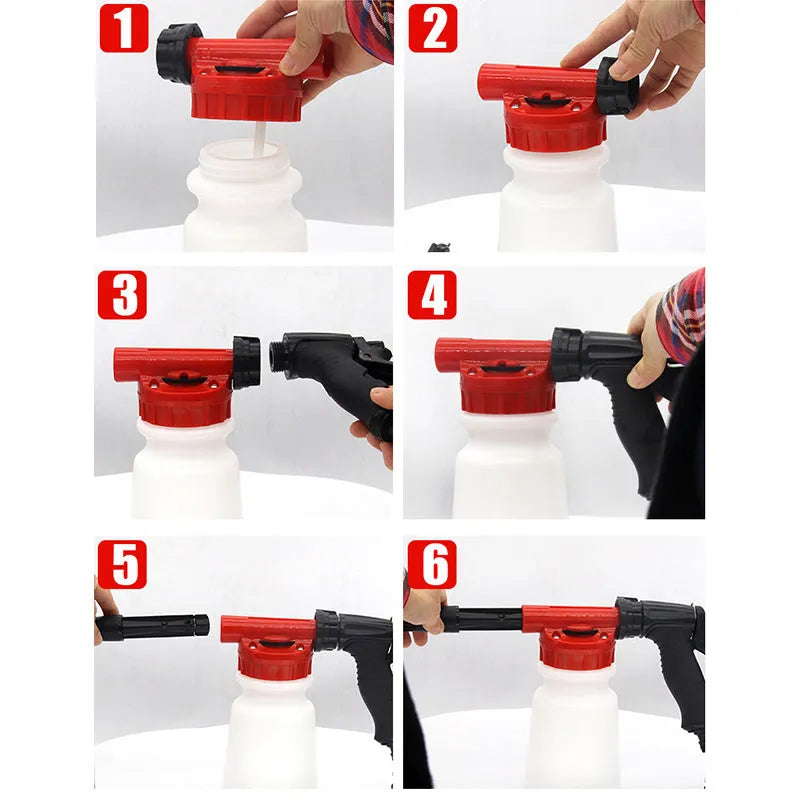 Green foam pot high pressure water gun for garden spraying on a wooden table.