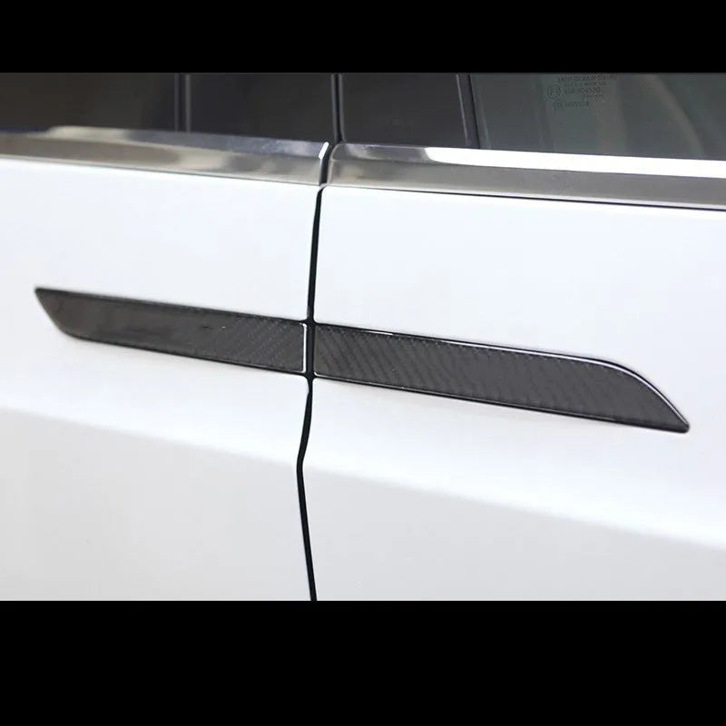 Set of four carbon fibre adhesive protection patches for Tesla Model S door handles.