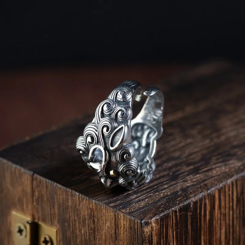 Silver open ring with Jibeast pattern and animal zodiac design in retro style