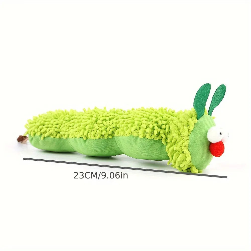 Green interactive plush cat toy pillow measuring 24cm long for battery-free feline play