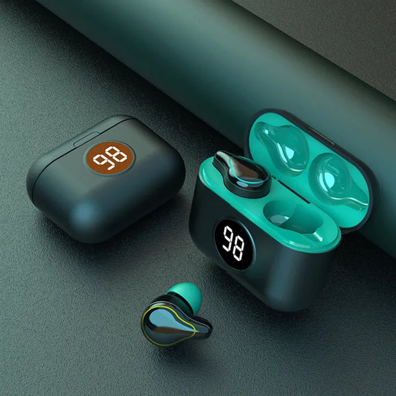 Black and blue in-ear Bluetooth headset with bilateral stereo earpieces for hands-free use.