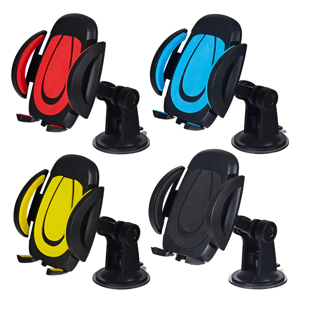 Red U-shaped suction cup mobile phone holder for car or desk with wide clamp arm on black background.