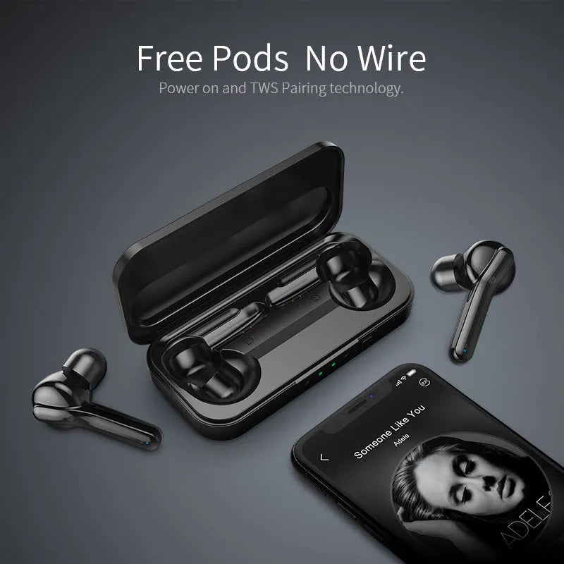 Black true wireless Bluetooth earbuds with in-ear design and IPX5 waterproof rating.